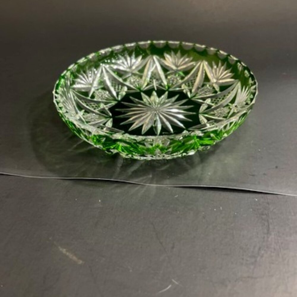 Vintage Bohemian Czech Green Cut-to-Clear Lead Crystal Dish - 5.5" - Starburst D